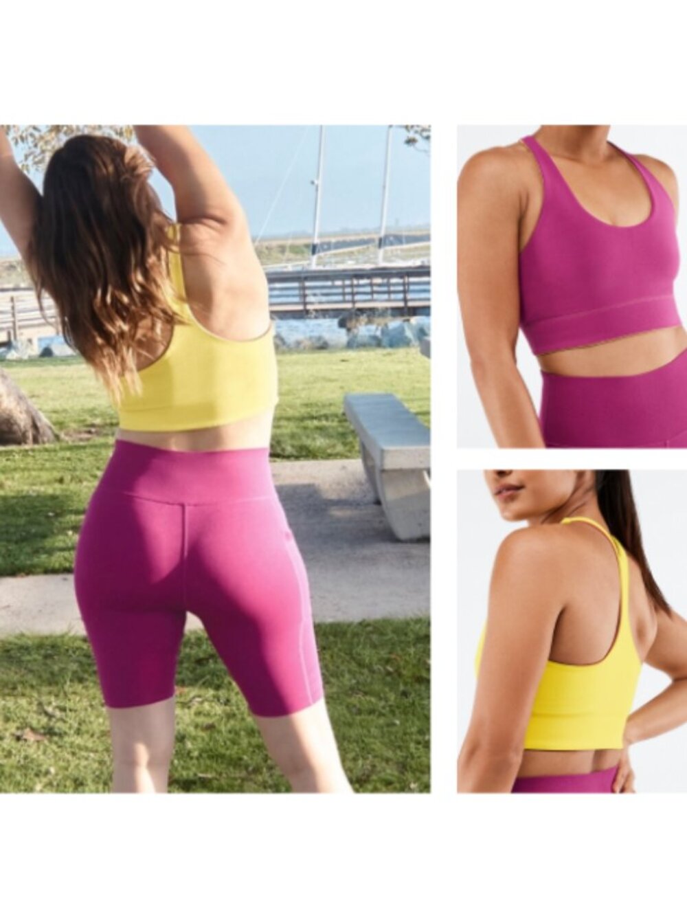 Fabletics Workout Set - Reversible Sports Bra & Biker Short - Yellow Pink, Small